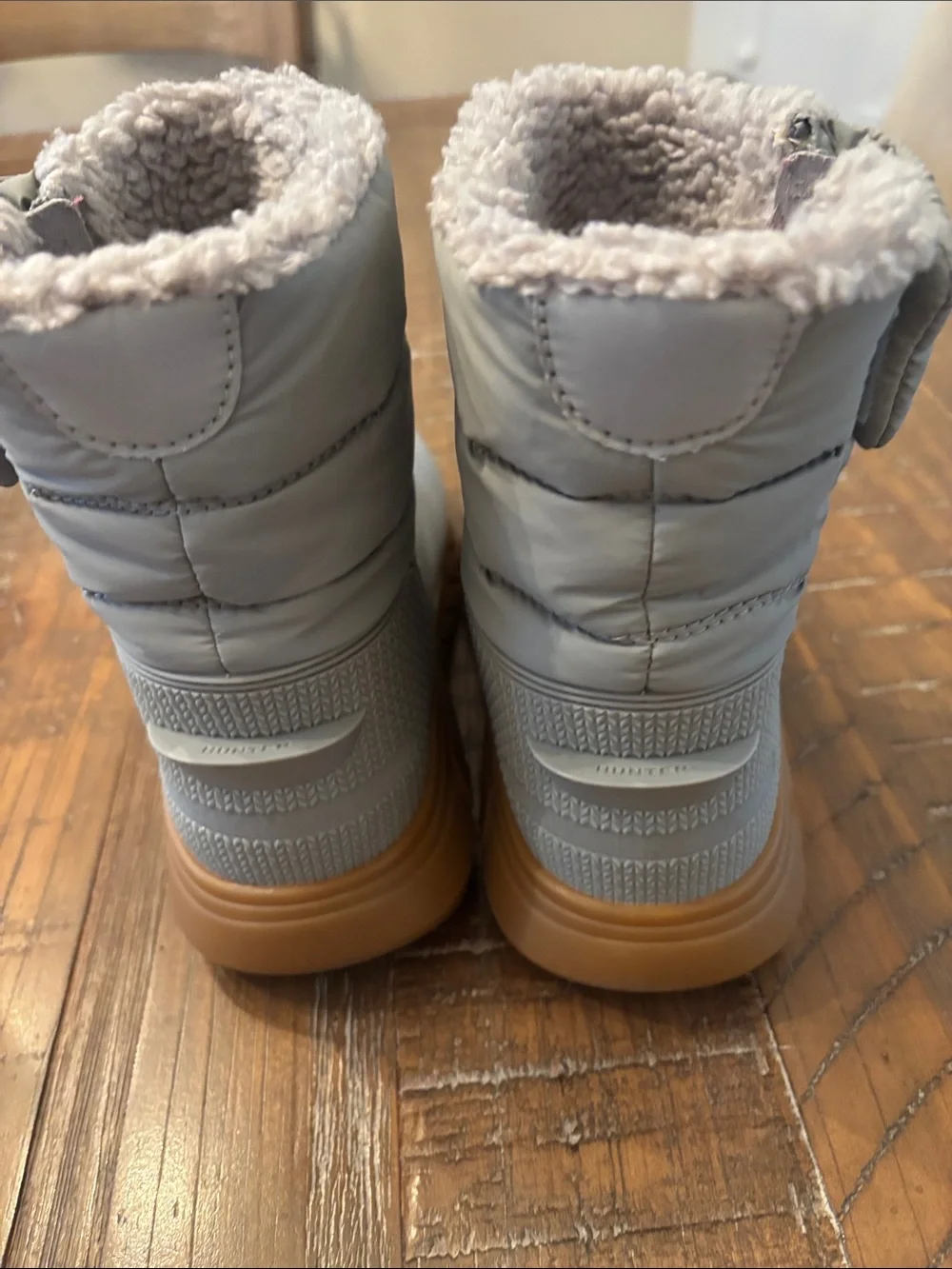 Hunter Kids Grey Winter Boots with Tan Sole and Red Logo Patch